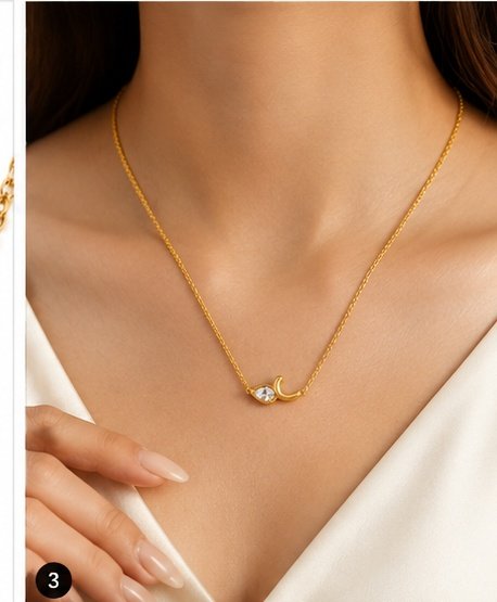 03_Model_Wearing 18K gold plated crescent pendant necklace with sparkling teardrop crystal” “Minimal gold crescent and crystal necklace for women” “Gold plated teardrop crystal pendant necklace by DG Creation